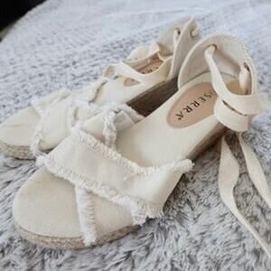 Serra Espadrille Wedge Sandals Frayed Canvas Lace Up Size 8 Cream Ivory